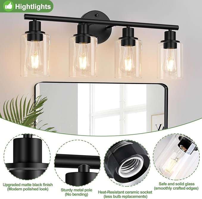 4-Light Bathroom Light Fixtures, Matte Black Modern Vanity Lights Over Mirror with Clear Glass Shade, Bathroom Wall Lamp for Mirror Kitchen Living Room Hallway Cabinet Porch Bedroom Reading room