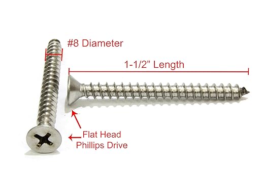 Bolt Dropper #8 X 1-1/2'' Stainless Steel Flat Head Phillips Wood Screw, (100 pc), 18-8 (304) Stainless Steel Sheet Metal Screws - Type A Point, Plain Finish