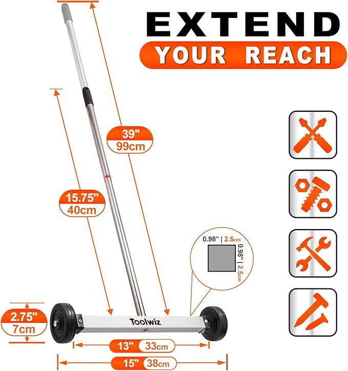 Toolwiz Magnetic Pick Up Sweeper 15-inch Heavy Duty Magnet Pickup Lawn Sweeper Roofing Tools, 10 Lbs Yard Tools with Telescoping Holder and Wheels to Clean Nails Adjustable Handle for Construction