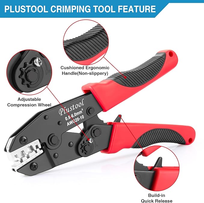 Crimping Tool for Non-Insulated Open Barrel Terminals & Receptacles AWG 20-10, Ratcheting Wire Crimper Tool - Crimping Pliers - Electrical Crimping Tool
