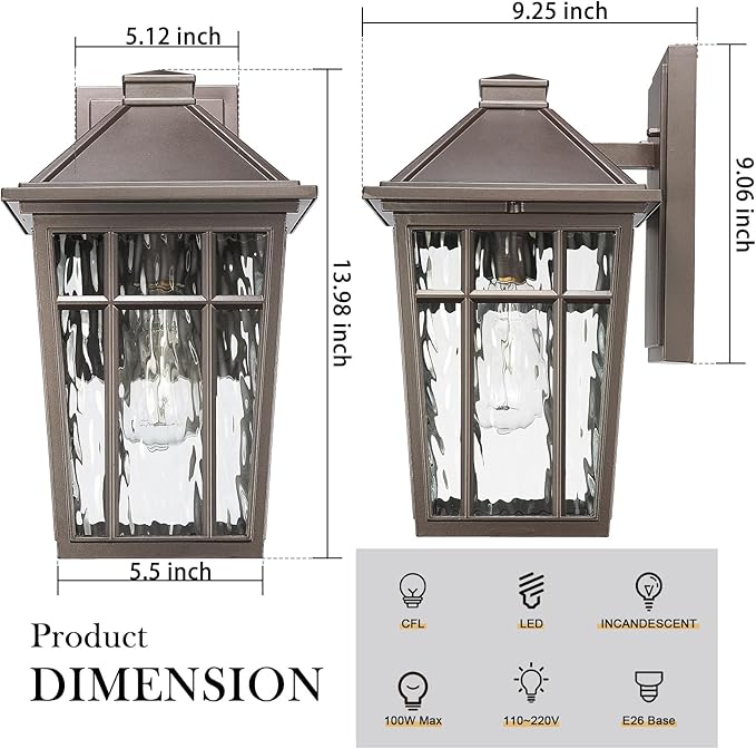 Darkaway Large Outdoor Sconce Lights Wall Light Fixtures,14inch Exterior Porch Light Outdoor Sconce Anti-Rust Waterproof Aluminum Outside Light with Water Ripple Glass for Patio Yard Doorway Garage