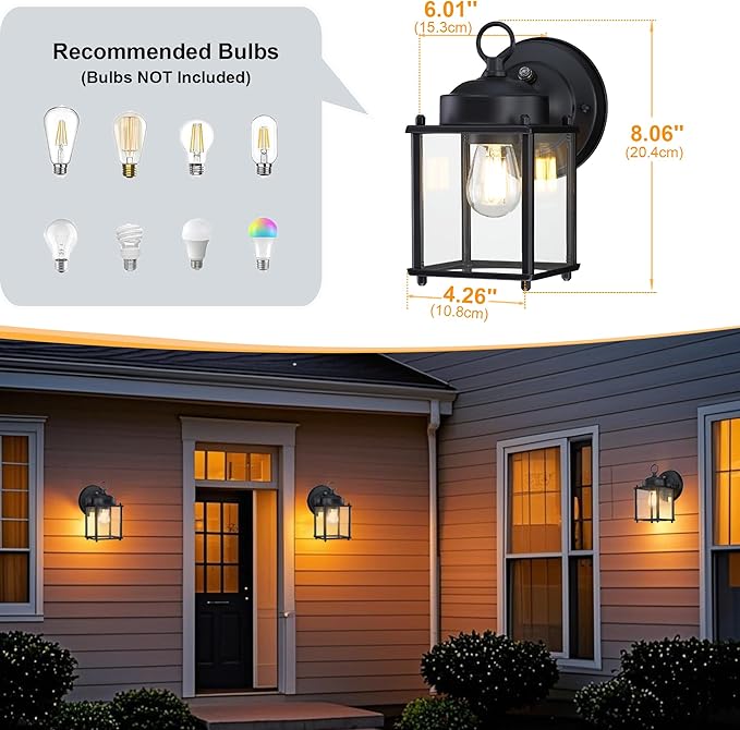 GRUENLICH Dusk to Dawn Outdoor Wall Lantern, Exterior Wall Sconce Light Fixture, Outside Porch Lighting with Clear Glass for House, Patio, Matte Black, 4 Pack