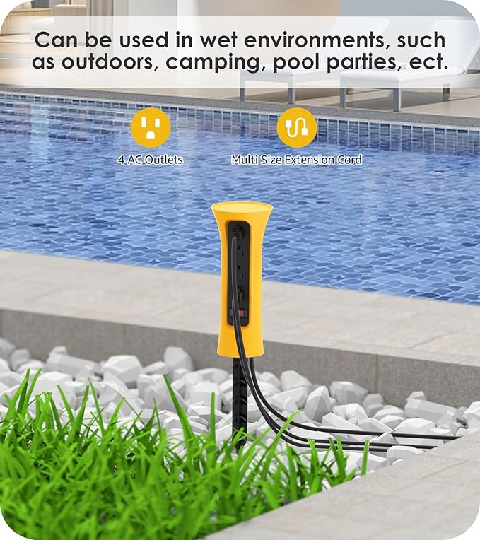 CCCEI Outdoor Power Strip Weatherproof with Stake, Waterproof Extension Cord with Multiple Outlets, Christmas Exterior Garden Decor, Yard, Camping, 4 Plugs, Surge Protector 25FT, Yellow.