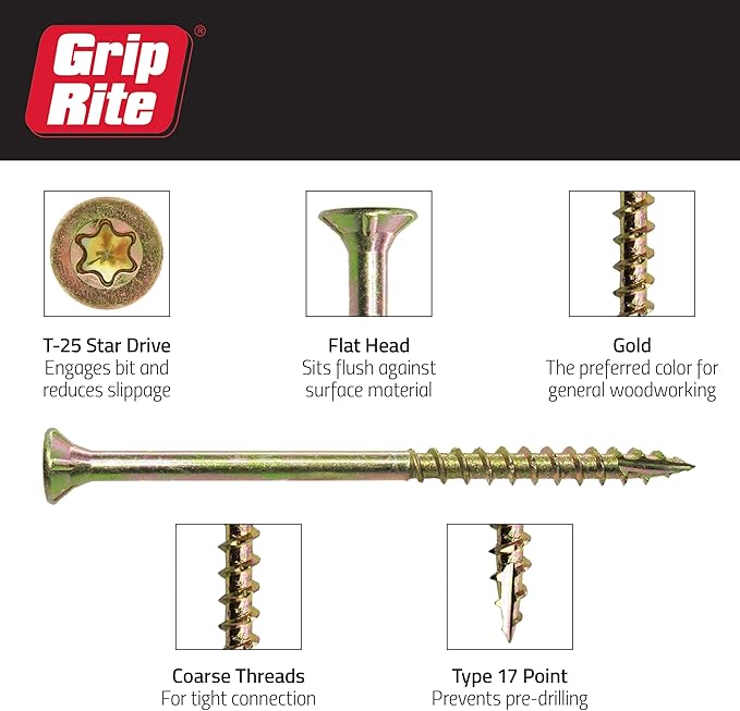 Grip-Rite 114GCS5#8 x 1-1/4", T25 Star Drive Gold Construction Wood Screw, 5lb Box