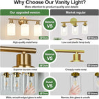 3-Light Bathroom Light Fixtures, Brushed Gold Vanity Light, Farmhouse Wall Lights with Milky White Frosted Glass Shades, Bathroom Wall Lamp for Mirror Kitchen Bedroom Hallway Living Room