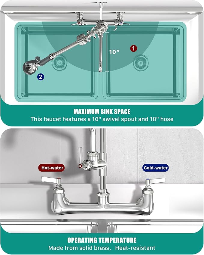 Commercial Kitchen Faucet Heavy Duty Wall Mount Sink Faucet, 8 Inch Center 25 Inch Commercial Kitchen Faucet with Pre-Rinse Sprayer （Grey） and 10 Inch Add-On Spout for 1,2,3 Compartment Sinks