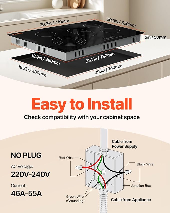 VEVOR Built in Electric Stove Top, 30 inch 4 Burners Ceramic Cooktop, 240V Glass Radiant Cooktop with Sensor Touch Control, Timer & Child Lock Included, 9 Power Levels for Simmer Steam Slow Cook Fry