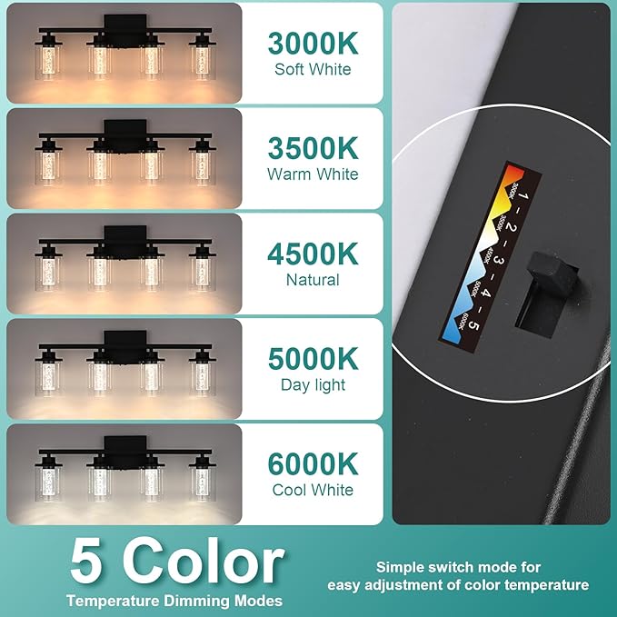 5-Light Black Bathroom Vanity Lights,Modern Wall Lamps for Bedroom,Dimmable Led Vanity Lighting for Bathroom Mirror,5CCT LED Wall Sconces Light Fixtures with Clear Glass Shade