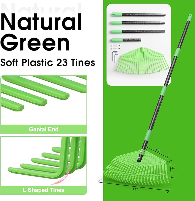Garden Leaf Rake,16.5” Wide Plastic Leaf Rake for Lawn with 60” Long Handle, Plastic Yard Raking Tools for Lawn Turf Leaves Grass Thatch Debris Pine Needle Cleanup, Lightweight for Kid