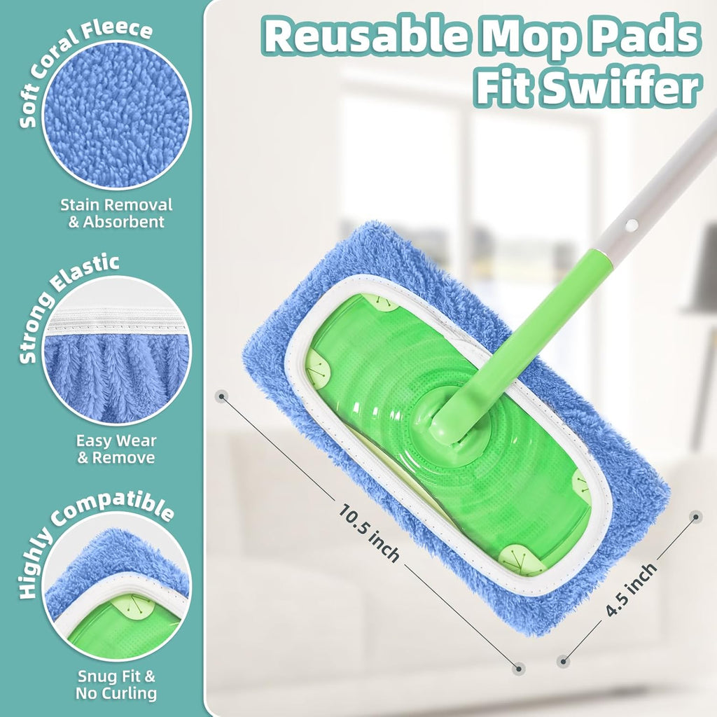 Reusable Mop Pads Compatible with Swiffer Sweeper Mop, Microfiber Dry Sweeping Cloths & Machine Washable Wet Pads Refill for Use on All Sealed Floors - Stone, Hardwood, Laminate & Tile (10 Blue)