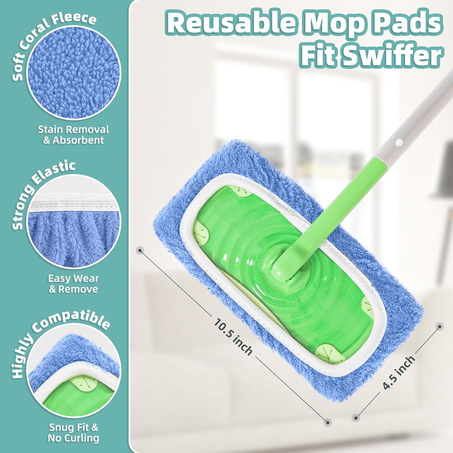 Reusable Mop Pads Compatible with Swiffer Sweeper Mop, Microfiber Dry Sweeping Cloths & Machine Washable Wet Pads Refill for Use on All Sealed Floors - Stone, Hardwood, Laminate & Tile (10 Blue)