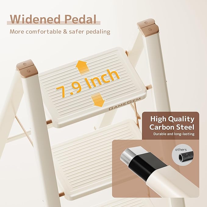 GameGem 2 Step Ladder Folding Step Stool with Wide Anti-Slip Pedal, 330LBS Capacity, Lightweight Portable Stepladder for Home and Kitchen Use, Cream Chocolate