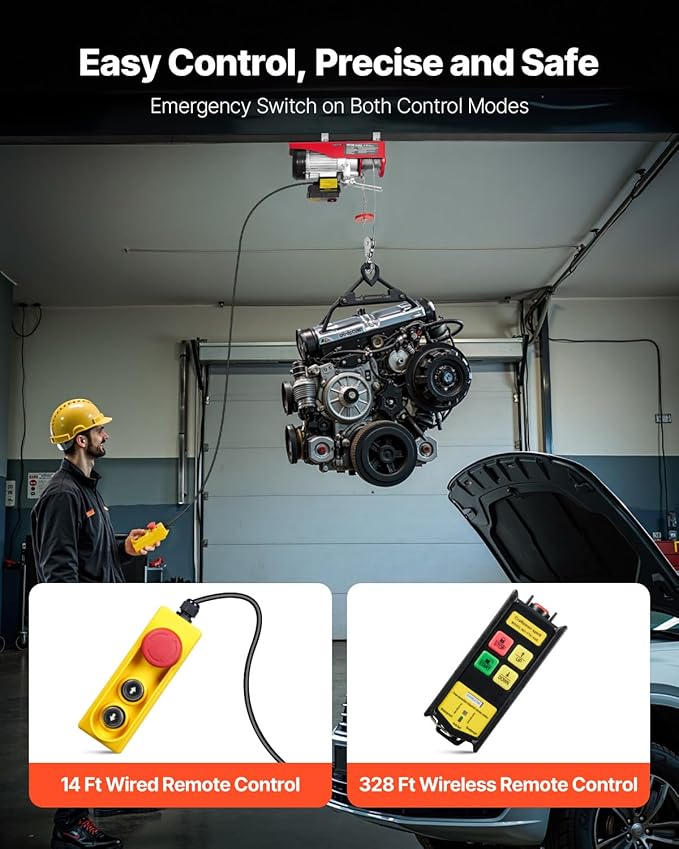 VEVOR Electric Hoist, 1320 lbs 120V Electric Winch with 328 ft Wireless & 14 ft Wired Remote Control, 40 ft Single Cable Lifting Height, Single/Double Slings, Lift Hoist for Garage Warehouse Factory