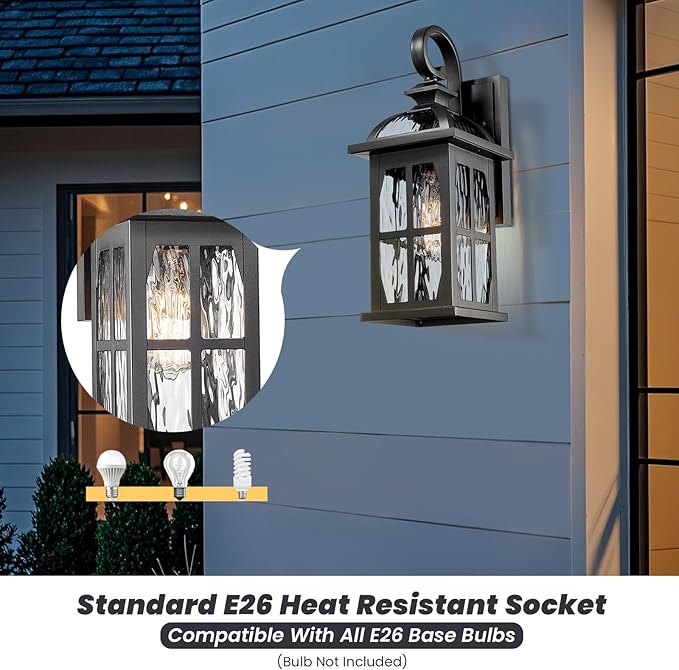 Exterior Wall Sconce Outdoor Waterproof Wall Lights Fixtures Water Ripple Glass Shade 22 Inch Height Black Outdoor Wall Lamps for Patio Yard Garage Doorway