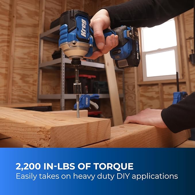 Kreg 20V Ionic Drive 1/4" Compact Impact Driver, 20V Blue Ion Charger & Blue Ion 2Ah Battery Pack - Compact, Cordless Driver with 2,200 in-lbs of Torque - 20V Variable Speed - LED Light - KPTBDV025A