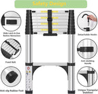 Telescoping Ladders 8.5 FT Aluminum Ladder - One-Button Retraction Collapsible Telescopic Ladder for Home,RV,Attic & Loft, Lasts 330 LBS with 2 Triangle Stabilizers and 2 Detachable Hooks