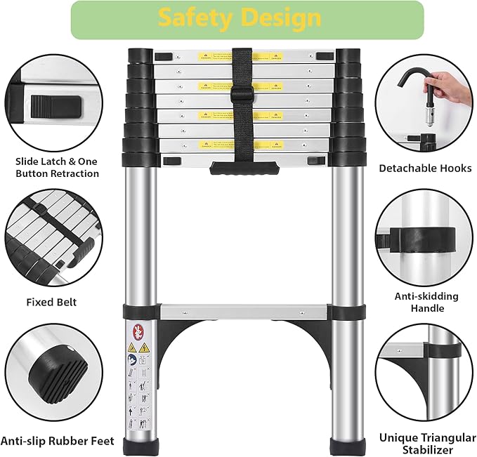 Telescoping Ladders 8.5 FT Aluminum Ladder - One-Button Retraction Collapsible Telescopic Ladder for Home,RV,Attic & Loft, Lasts 330 LBS with 2 Triangle Stabilizers and 2 Detachable Hooks