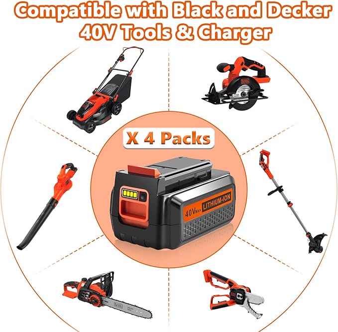 4 Packs 40V 3000mAh Replace Long-Lasting Battery for Black and Decker 40V Lithium Battery, Compatible with Black and Decker 40 Volt LBX2040 LBXR2036 LBXR36 LBX2540 LST540 & Power Tools