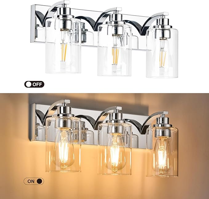 3-Light Bathroom Light Fixtures Modern Chrome Vanity Lights for Bathroom Lighting Fixtures Over Mirror with Clear Glass Shade for Cabinet Mirror Bedroom Hallway
