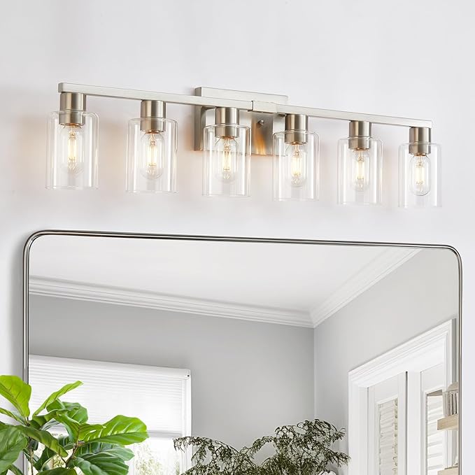 6 Light Bathroom Light Fixtures, Bathroom Vanity Light with Clear Glass, Brushed Nickel Bathroom Lighting Fixtures over Mirror, Large Vanity Lights for Bathroom, Vanity Lights for Mirror, Wall Sconce