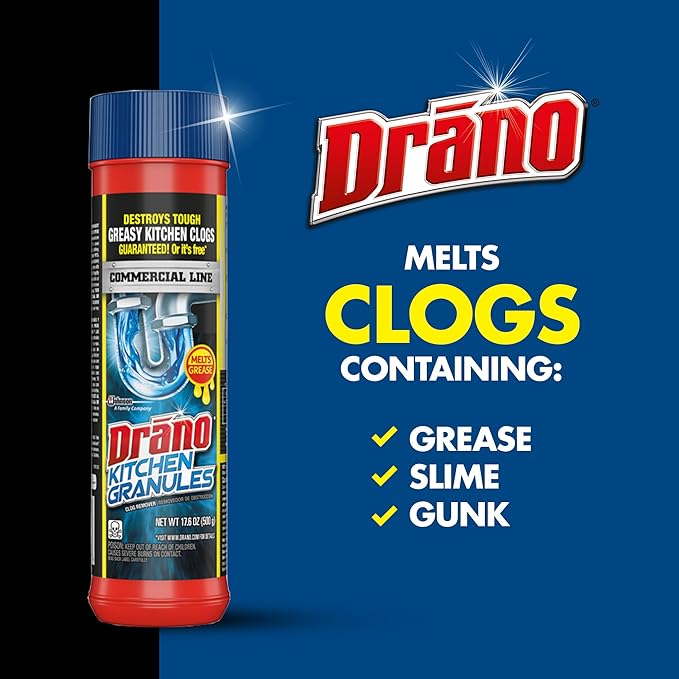 Drano Kitchen Granules Drain Clog Remover and Cleaner, Unclogs Blockage from Grease or Cooking Oil, Commercial Line, 17.6 Oz