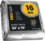 PROTARP Extra Heavy Duty 16 Mil Tarp Cover, Waterproof, UV Resistant, Rip and Tear Proof, Poly Tarpaulin with Reinforced Edges for Roof, Camping, Patio, Pool, Boat. (Silver/Black 30′ X 70′)