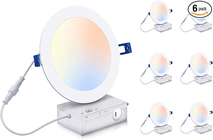 CLOUDY BAY 6 inch 3000K/ 4000K/ 5000K Selectable,Dimmable Recessed Lighting 15W CRI90+,Ultra Thin LED Recessed Light with Junction Box,IC Rated, Canless Wafer Downlight, Damp Location, White, 6 Pack