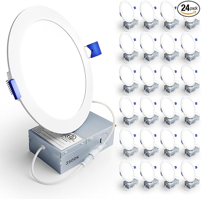 Ensenior 24 Pack 6 Inch LED Recessed Light, Dimmable, 3500K Neutral White, 1050LM High Brightness, 12W 120V, Damp Rated, Ultra-Thin Canless Wafer Ceiling Light - ETL & FCC & IC