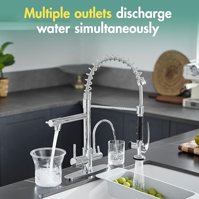 Fapully 3 in 1 Kitchen Faucet with Water Filler and Pull Down Sprayer, Chrome Commercial Kitchen Sink Faucet with Drinking Water Faucet for 1 or 3 Holes Sink