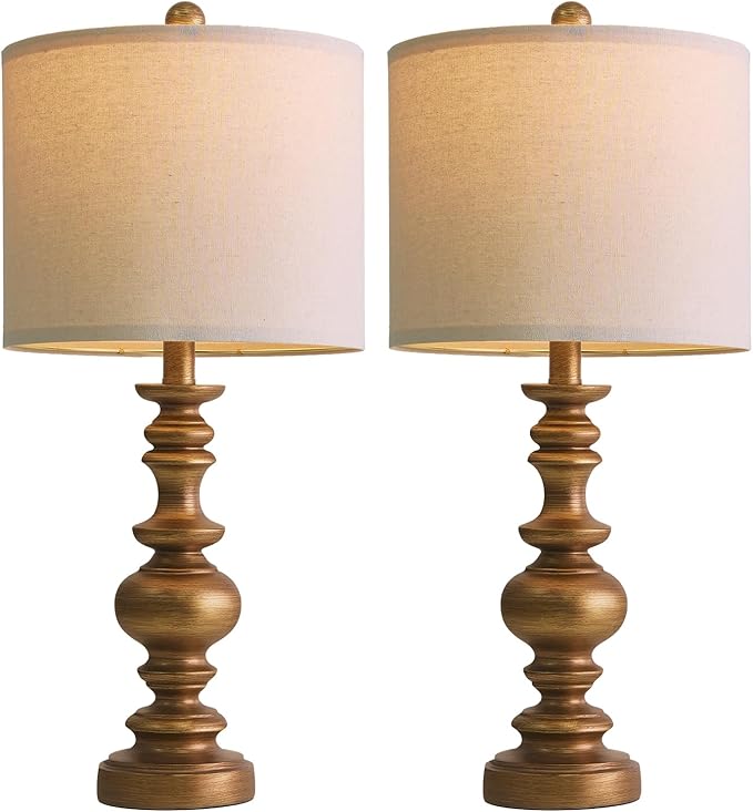 BOBOMOMO 24" Traditional Lamps Set of 2 – Antique Gold Bedside Lamps with Linen Shades, Elegant Medium Farmhouse Lamps for Living Room, Bedroom, and Hallway, Ideal for Warm, Cozy Spaces