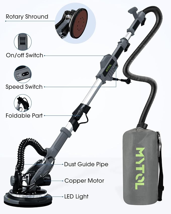 Drywall Sander, 7.2A Electric Drywall Sander with Vacuum Dust Collection, LED Light, 6 Variable Speed Digital Display 900-1800RPM, Foldable & Extendable Handle (GREY)