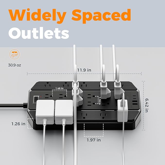 4000 Joules Surge Protector Power Strip, TESSAN 22 Outlets Large Power Strip with 4 USB(2 USB C), 10FT Heavy Duty Extension Cord with Multiple Outlets, 1875W/15A, for Home, Office, Gaming Room, Black