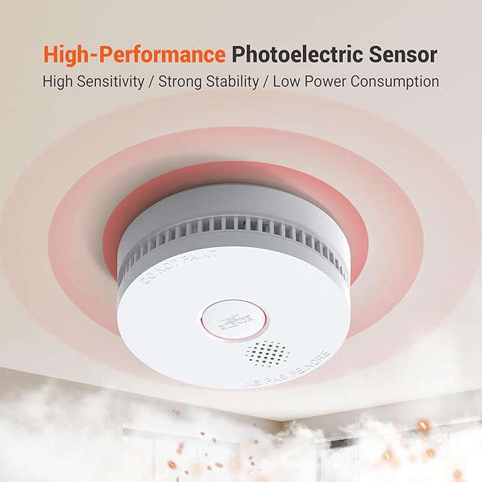 Jemay Smoke Detector Fire Alarms 9V Battery Operated with Photoelectric Sensor & Silence Button,10 Year Product Life Smoke Alarm Fire Detectors Easy to Install, 1 Pack