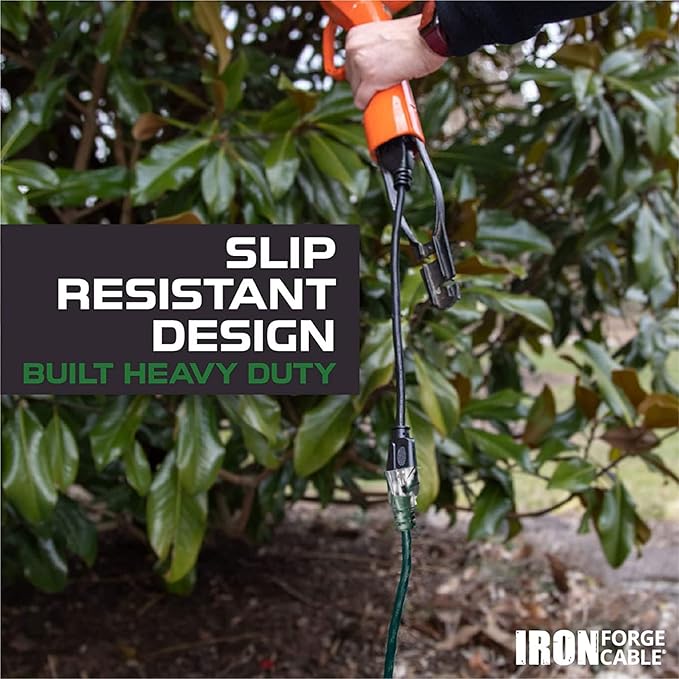 Iron Forge Cable Weatherproof 25 Ft Outdoor Extension Cord Green - 14/3 SJTW 15 Amp Heavy Duty Green Extension Cord Outdoor 3 Prong - Lighted End