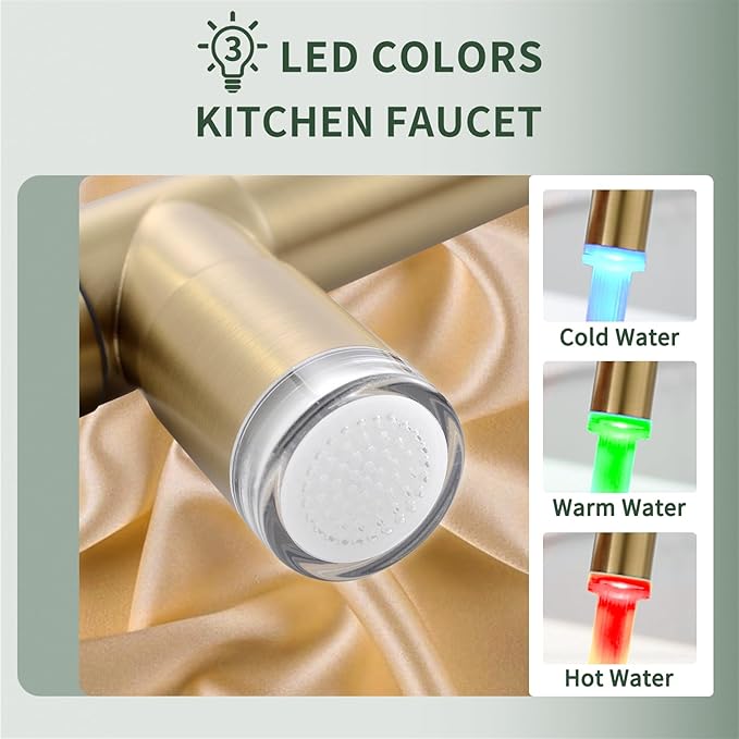 Fapully LED Kitchen Sink Faucet with Pull Down Sprayer Brushed Gold