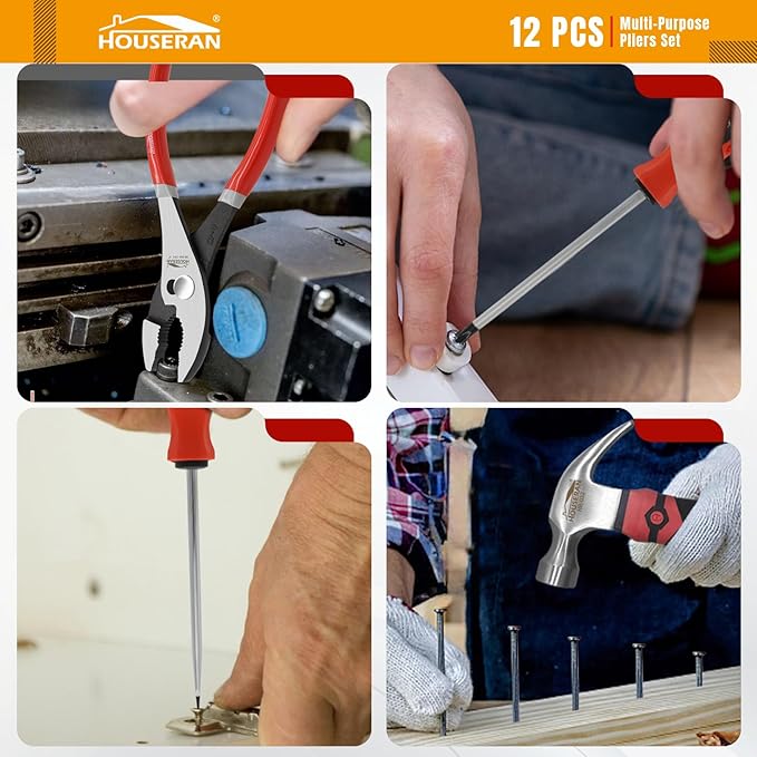 12-Piece Professional Tool Kit - Heavy Duty CRV Pliers Set, Rubber Mallet, Adjustable Wrench, Claw Hammer & Toolbox for Electrical, Household Repair, Automotive, Industries