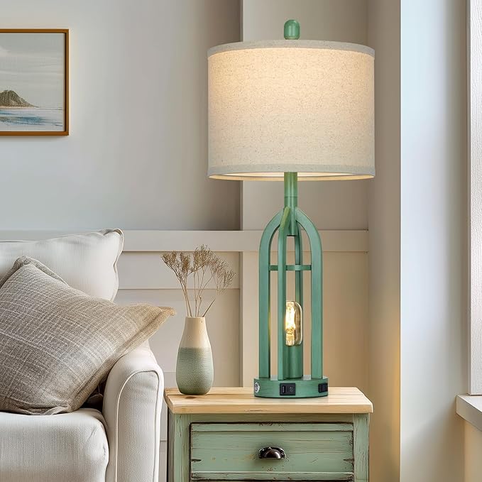27" Tall Vintage Table Lamp Set of 2 with USB C+A & Outlet,Farmhouse Green Table Lamp for Living Room,Retro Bedside Lamps with Night Light for Bedroom Entryway,Green