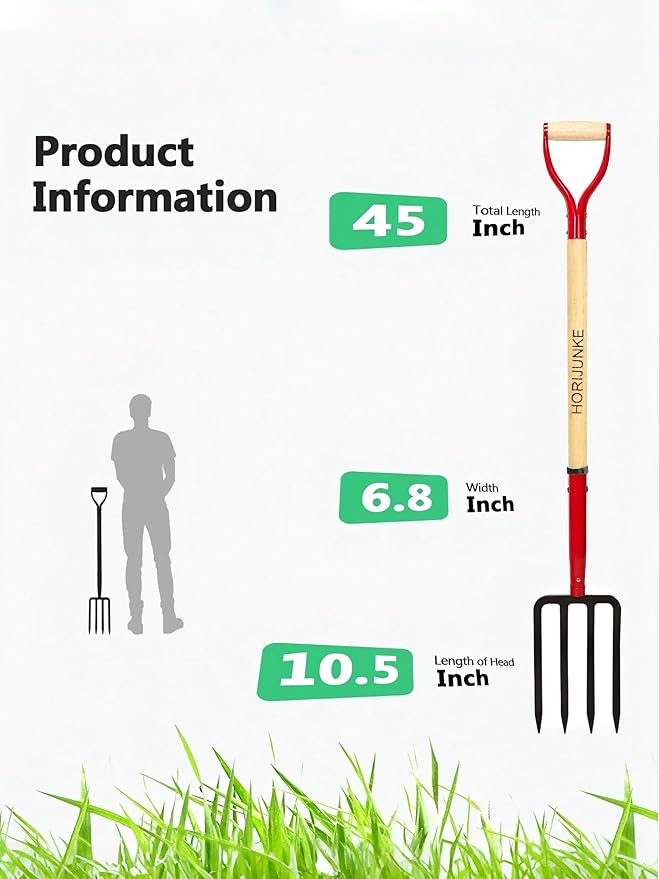 Heavy Duty Garden Fork for Digging, 4 Tines Pitch Fork for Gardening Compost, Garden Pitch Fork with Wooden Handle, 45 Inches-Red