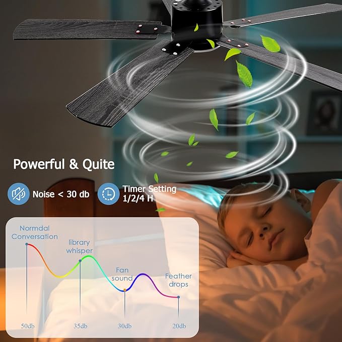 52 inch Modern Ceiling Fans with Lights APP/Remote Control, Low Profile Reversible 6 Speeds Ceiling Fan Light for Indoor/Outdoor Patio Bedroom Living Room,Black