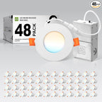 ASD 48 Pack 3 Inch LED Recessed Light 6W, 5 CCT 2700K-5000K CRI90+, IC Rated Ultra Thin Dimmable Ceiling Lights with J Box, Canless Wafer Downlight, Round Slim Panel Lighting, UL Energy Star, White