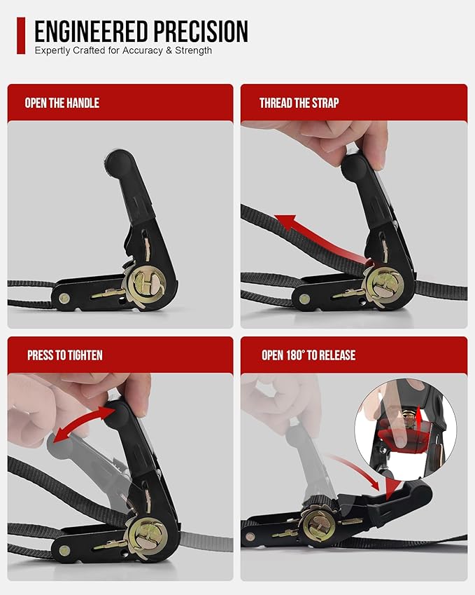 Ratchet Straps (4 PK) 15 Feet (1,823lb Break Strength) Heavy Duty Tie Down Strap with S Hook Black for Packing Motorcycle Truck Cargo