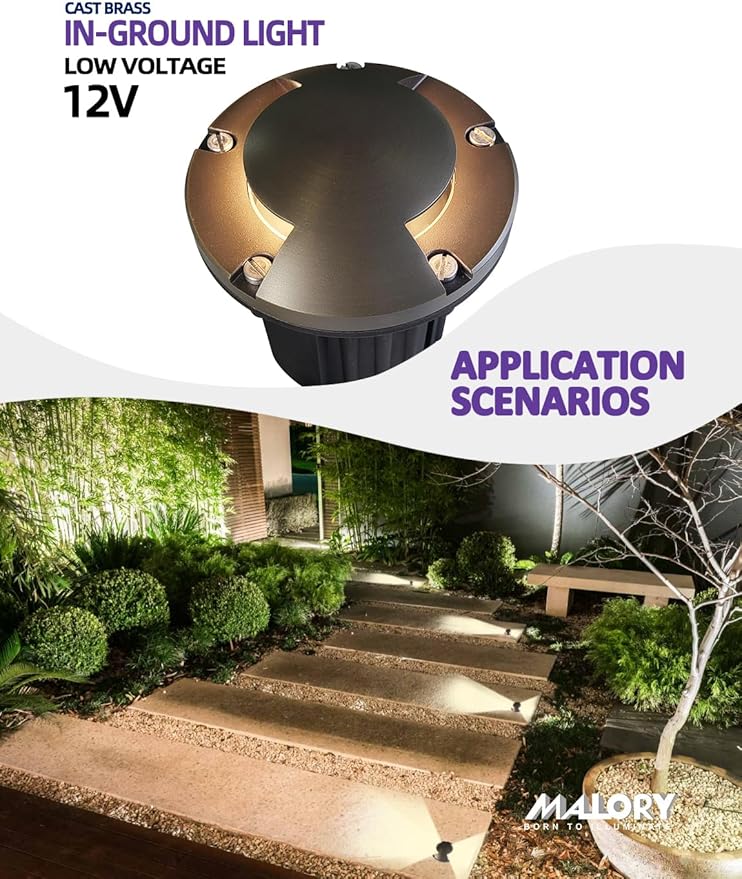 MALORY Brass Top Cover Landscape Well Lights,(6''H) 12V Low Voltage Outdoor In Ground Lights,Landscape Lighting for Pathway, Driveway and Garden (Two-Direction Turret, 10-Pack with Bulb)