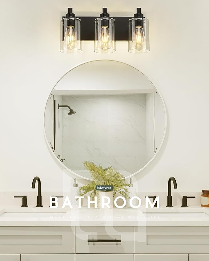 3-Light Bathroom Light Fixtures, Black Vanity Light with Cylinder Clear Glass Shade, Modern Vanity Lighting Fixtures Over Mirror, VL143-MB-3