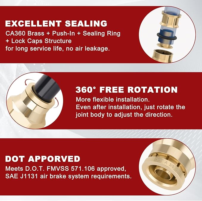 3/8” Quick Push to Connect Fittings Brass Male Straight and Elbow Combination DOT Approved 3/8" Tube OD x 1/4" NPT Thread Air Brake Line Adapter Air Suspension Kit Air Hose Repair Kit 30pcs