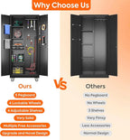 Garage Storage Cabinet with Wheels and 5 Pegboard, Metal Storage Cabinets with 2 Doors and 4 Shelves, Broom Closet Storage Cabinet with Hanging Rod and 13 Hooks, 70.87" Hx33.5 Wx17.7 D, Black