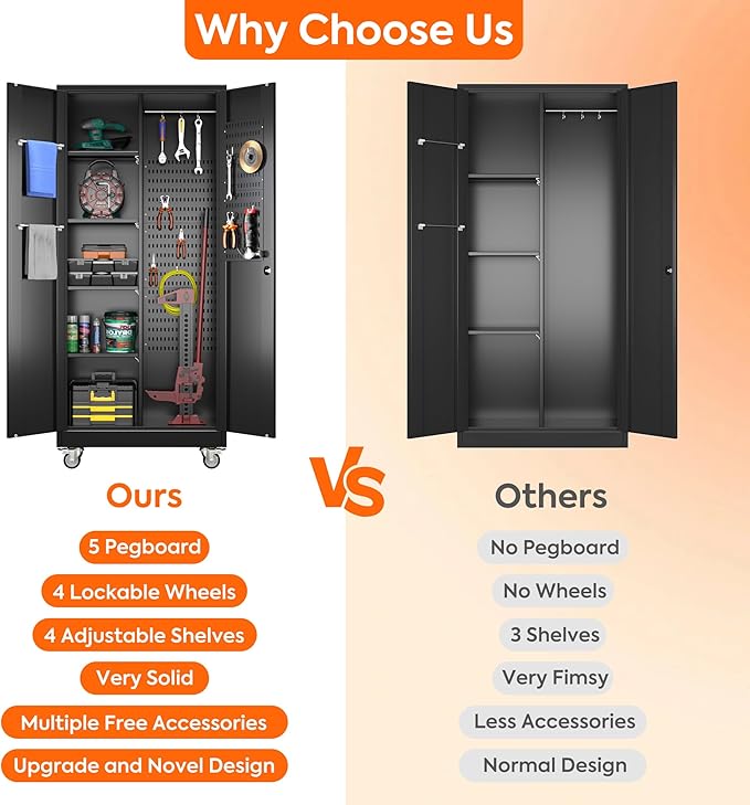 Garage Storage Cabinet with Wheels and 5 Pegboard, Metal Storage Cabinets with 2 Doors and 4 Shelves, Broom Closet Storage Cabinet with Hanging Rod and 13 Hooks, 70.87" Hx33.5 Wx17.7 D, Black