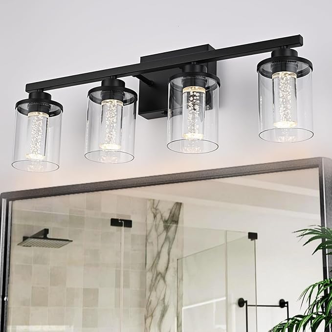 4-Light Bathroom Light Fixtures Over Mirror,Black Led Vanity Lighting Fixtures with 5CCT Dimmable LEDs,Clear Glass Shades &Wall Sconces Lighting Design for Bedroom,Livingroom