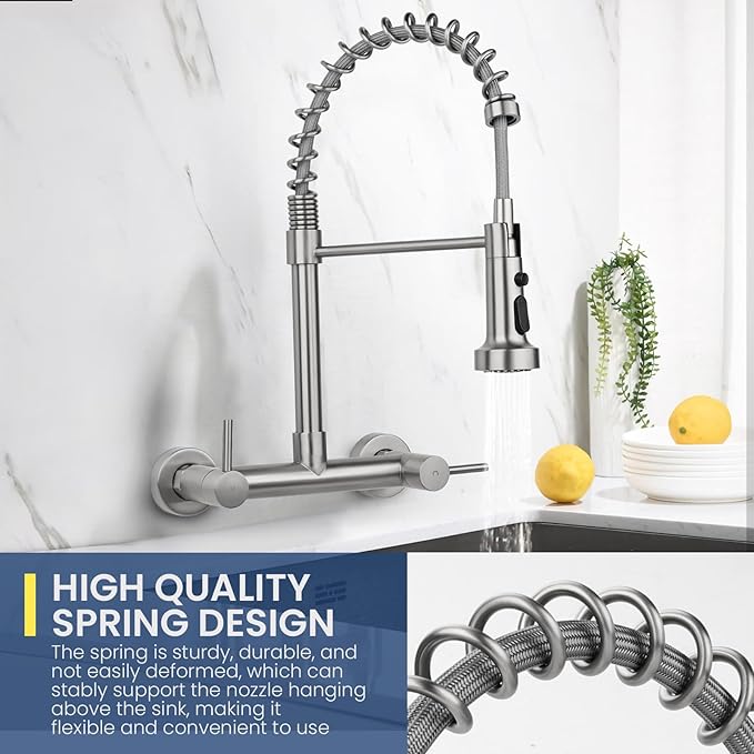 Wall Mount Kitchen Sink Faucet, 8 Inch Center Wall Mount Kitchen Faucets with 3-Function Pull Down Sprayer, Dual Handles Commercial Faucet for Kitchen Laundry Restaurant (Brushed Nickel)