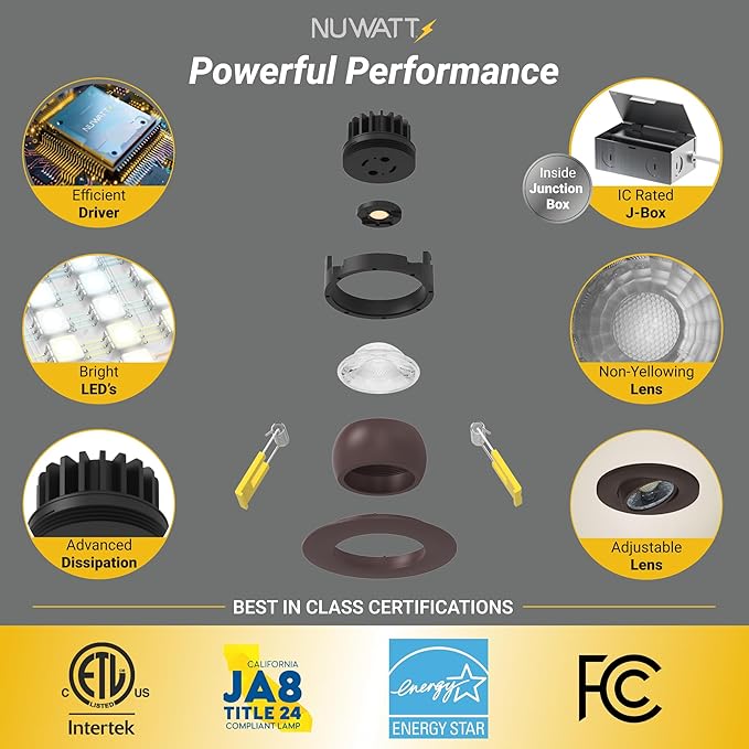 NUWATT 3 Inch LED Gimbal Recessed Downlight, 4 Pack, Canless All-in-1 LED Light with 5 CCT Color Switch 2700K - 5000K, 8W, 600 Lumens, 120V, Dimmable, Matte Bronze Finish