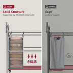 Tajsoon Laundry Sorter with Hanging Bar, 3 Section Rolling Laundry Hamper with Heavy Duty Lockable Wheels, Laundry Basket with Hanging Rack for Bedroom, 3 Gray